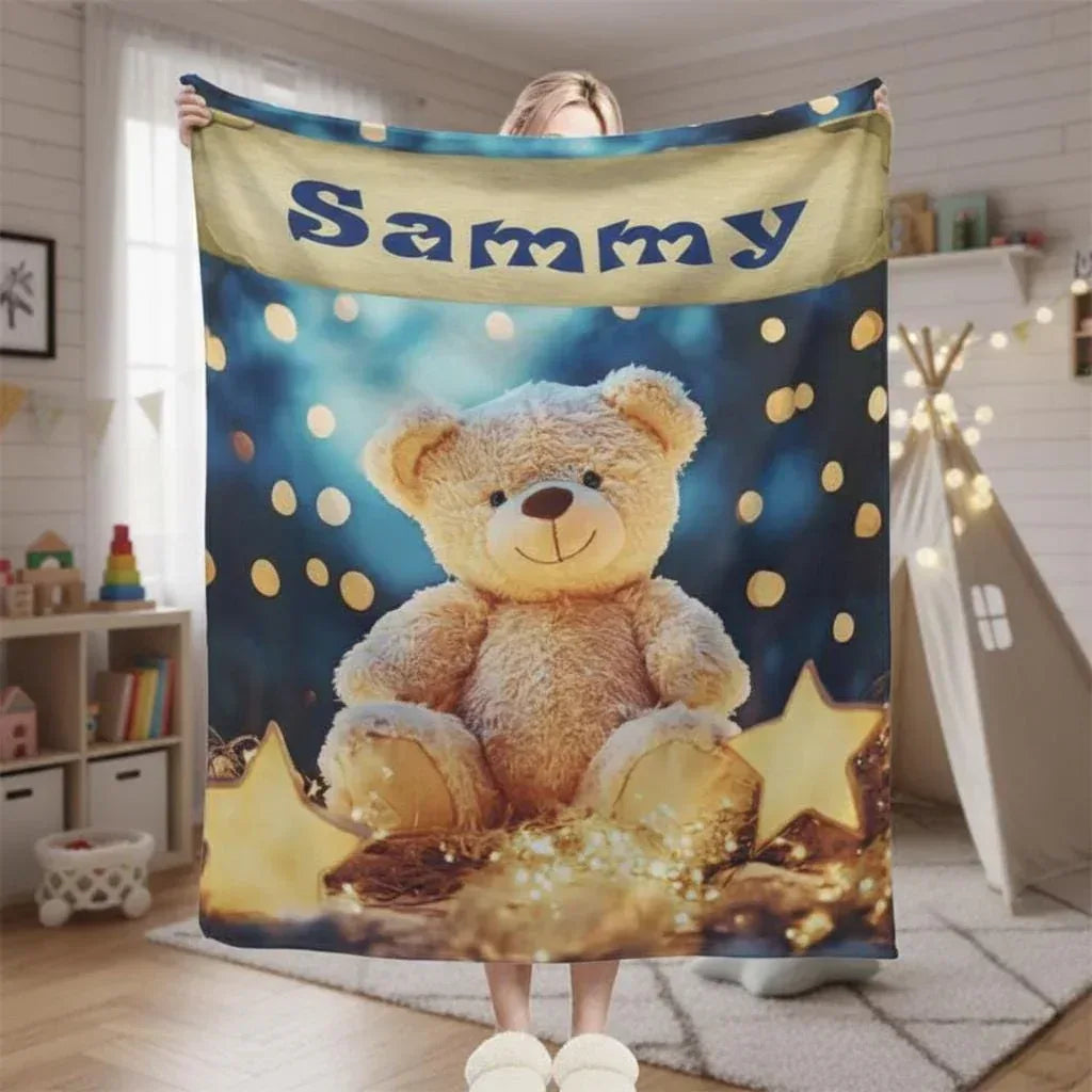 Personalized Teddy Bear Plush Blanket: Dreamy Stars, Flannel Fleece Throw, Super Soft Name Gift