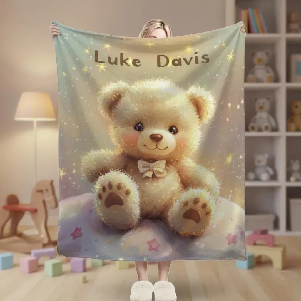 Personalized Teddy Bear Blanket | Custom Name | Pastel Paw-Print Star Fleece Throw Gift