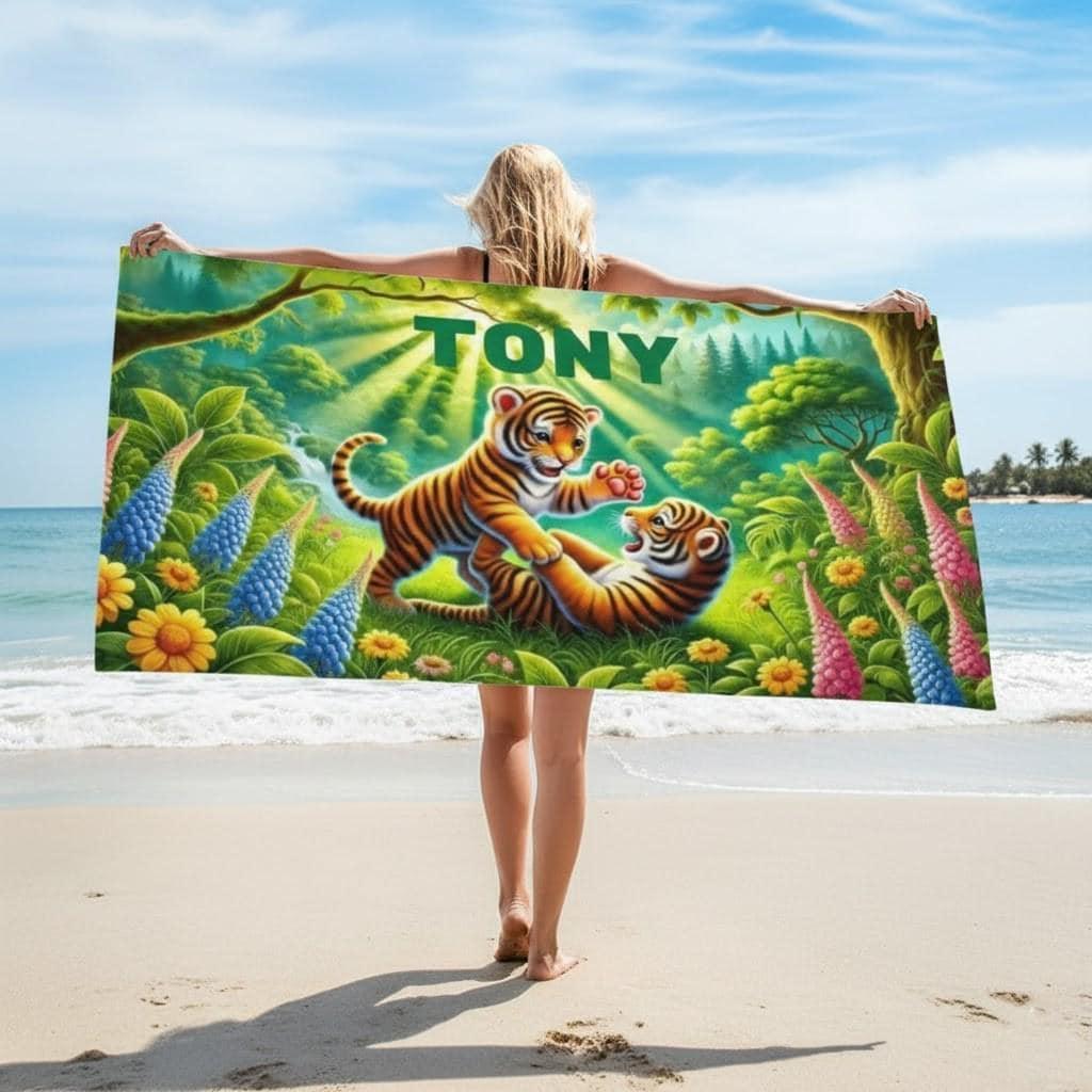 Personalized Tiger Beach Towel | Custom Name | Baby Tiger Cubs Jungle Adventure Microfiber Swim Towel