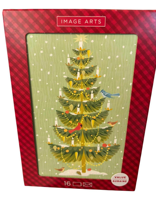 Image Arts Christmas tree card featuring a decorated tree with birds and snowflakes.