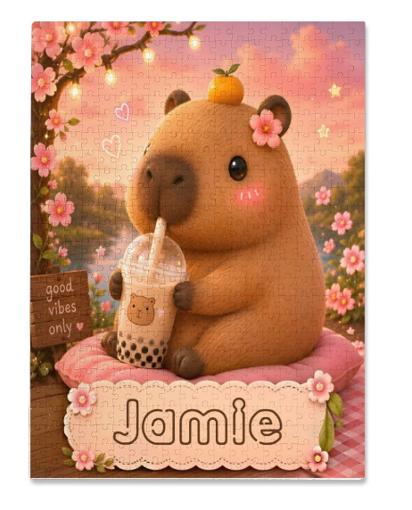 Personalized Capybara Jigsaw Puzzle with Name - Kawaii Capybara Boba Tea Cherry Blossom Design - 500 Pieces, 38x52cm - Gift Box Included