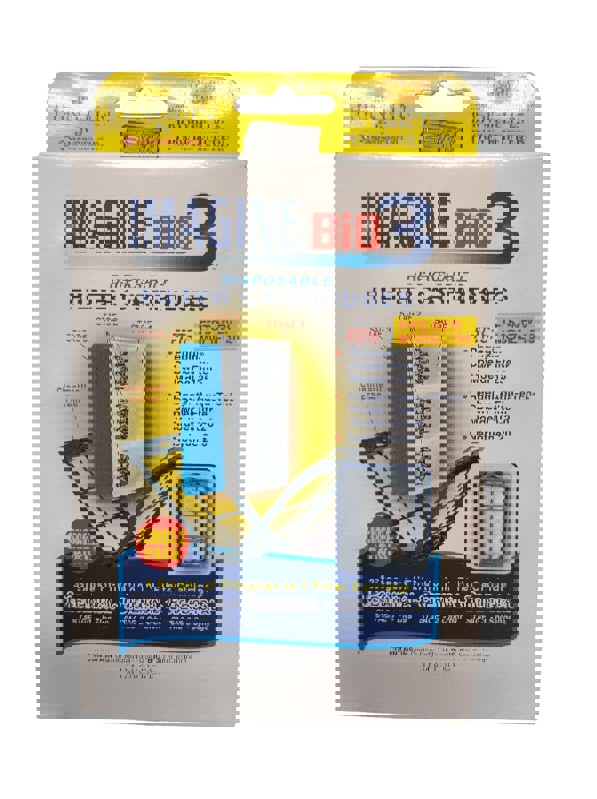 Imagine Bio3 disposable filter cartridges for water filtration, featuring three stages of filtration.