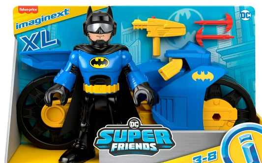 Imaginext XL Batman figure with motorcycle and accessories in blue and yellow colors.