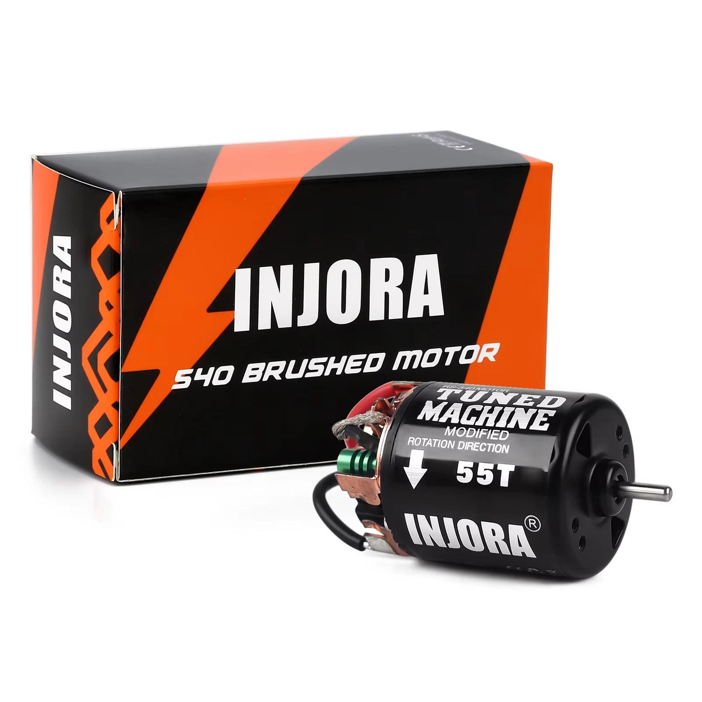 INJORA 540 brushed motor with 55T tuning for enhanced performance, displayed with packaging.