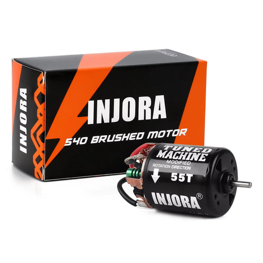 INJORA 540 brushed motor with 55T tuning for enhanced performance, displayed with packaging.