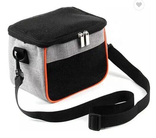 Insulated lunch bag with gray and black design, featuring an adjustable strap and zipper closure.