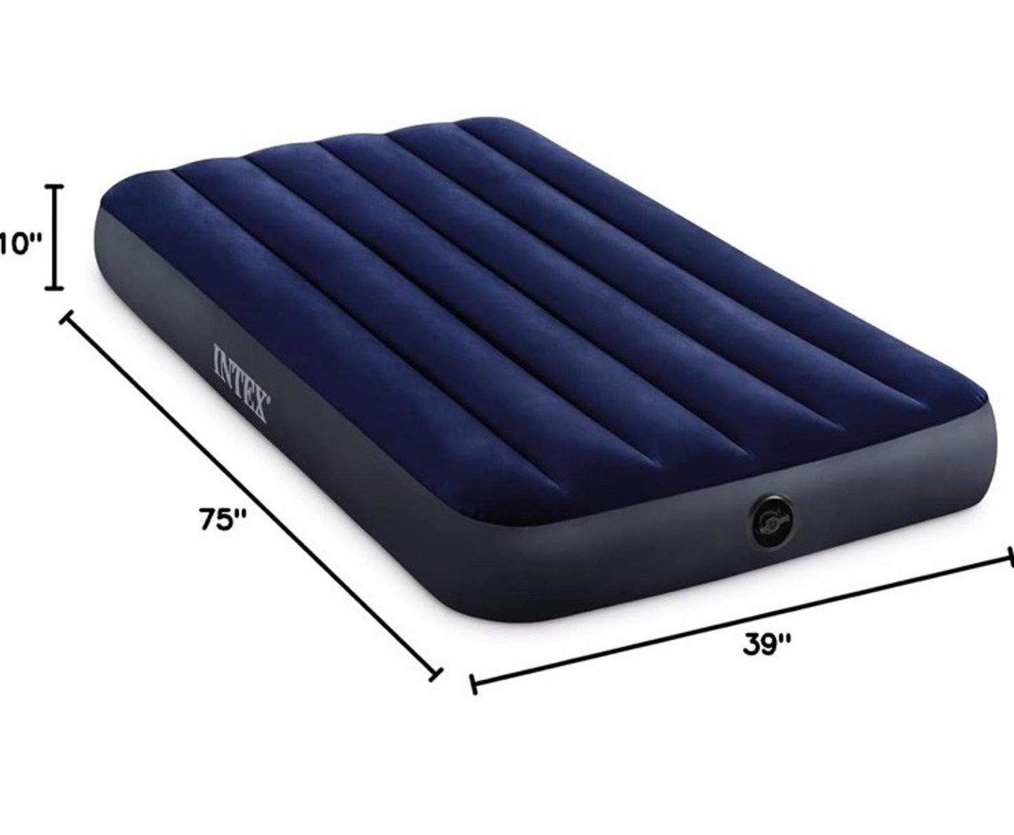 Intex air mattress 75x39 inches with a plush surface and built-in pump.