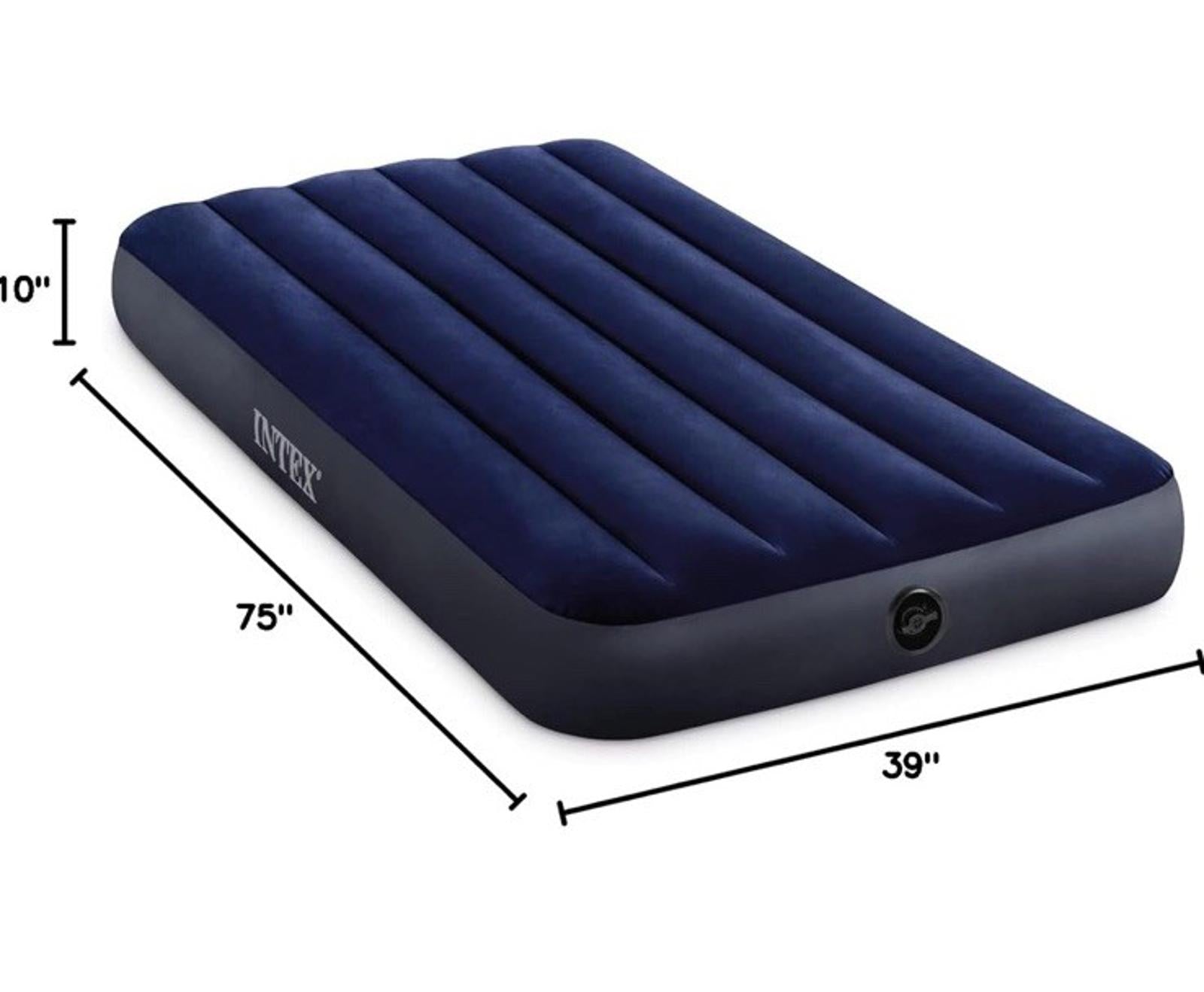 Intex air mattress 75x39 inches with a plush surface and built-in pump.