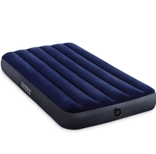Intex Air Mattress features a navy blue color with a soft surface and built-in pump.