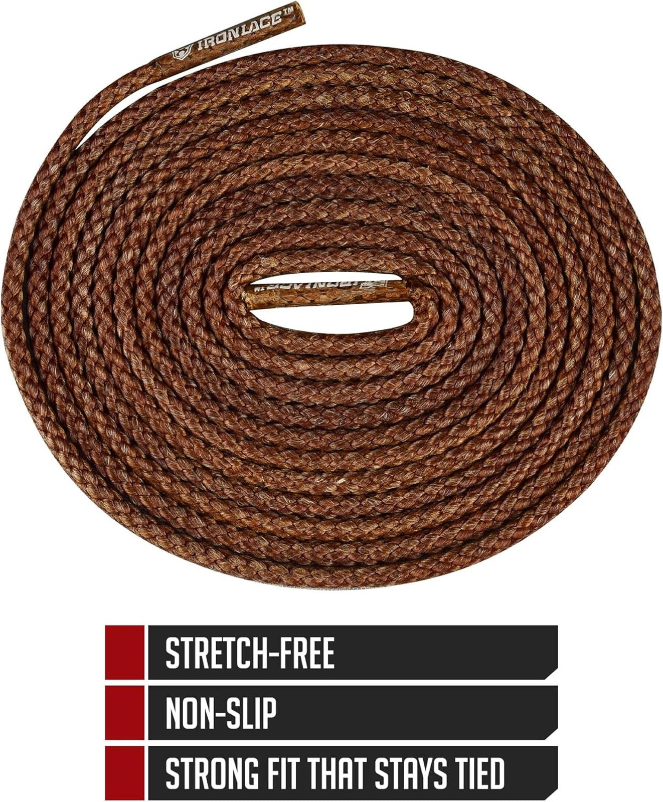 Iron Lace shoelaces in brown color, featuring stretch-free, non-slip design for a strong fit that stays tied.