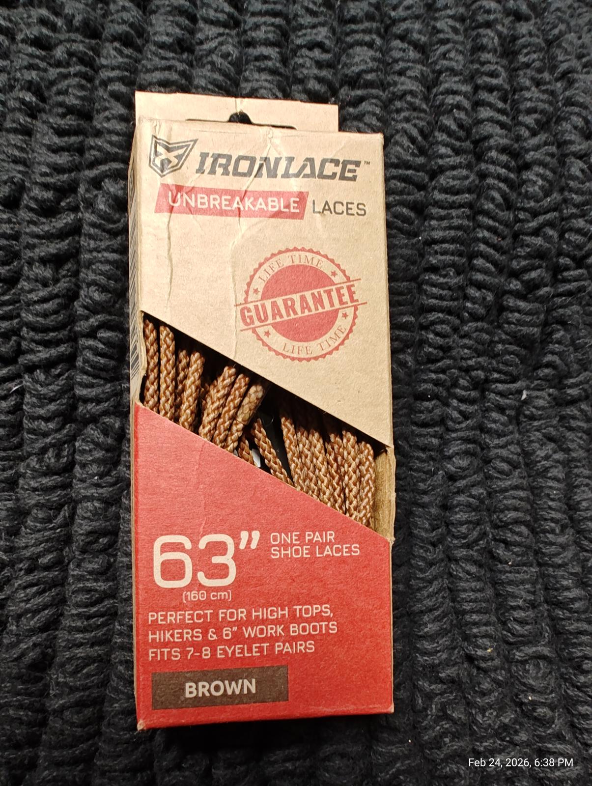 Ironlace unbreakable laces in brown, 63 inches long, perfect for high tops and work boots.