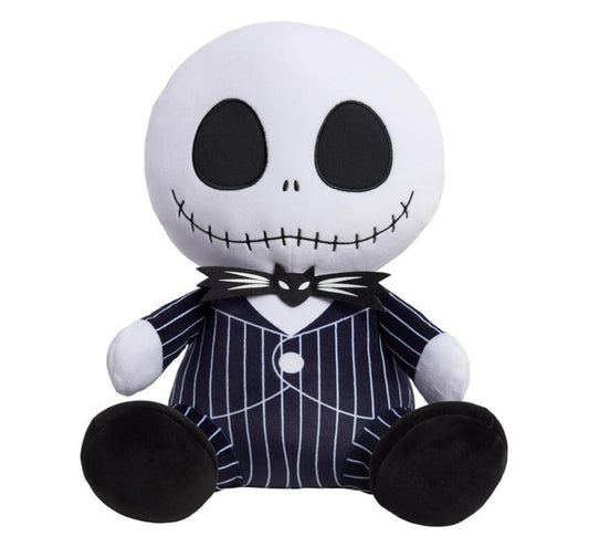 Jack Skellington plush toy with black and white striped suit and large round head.
