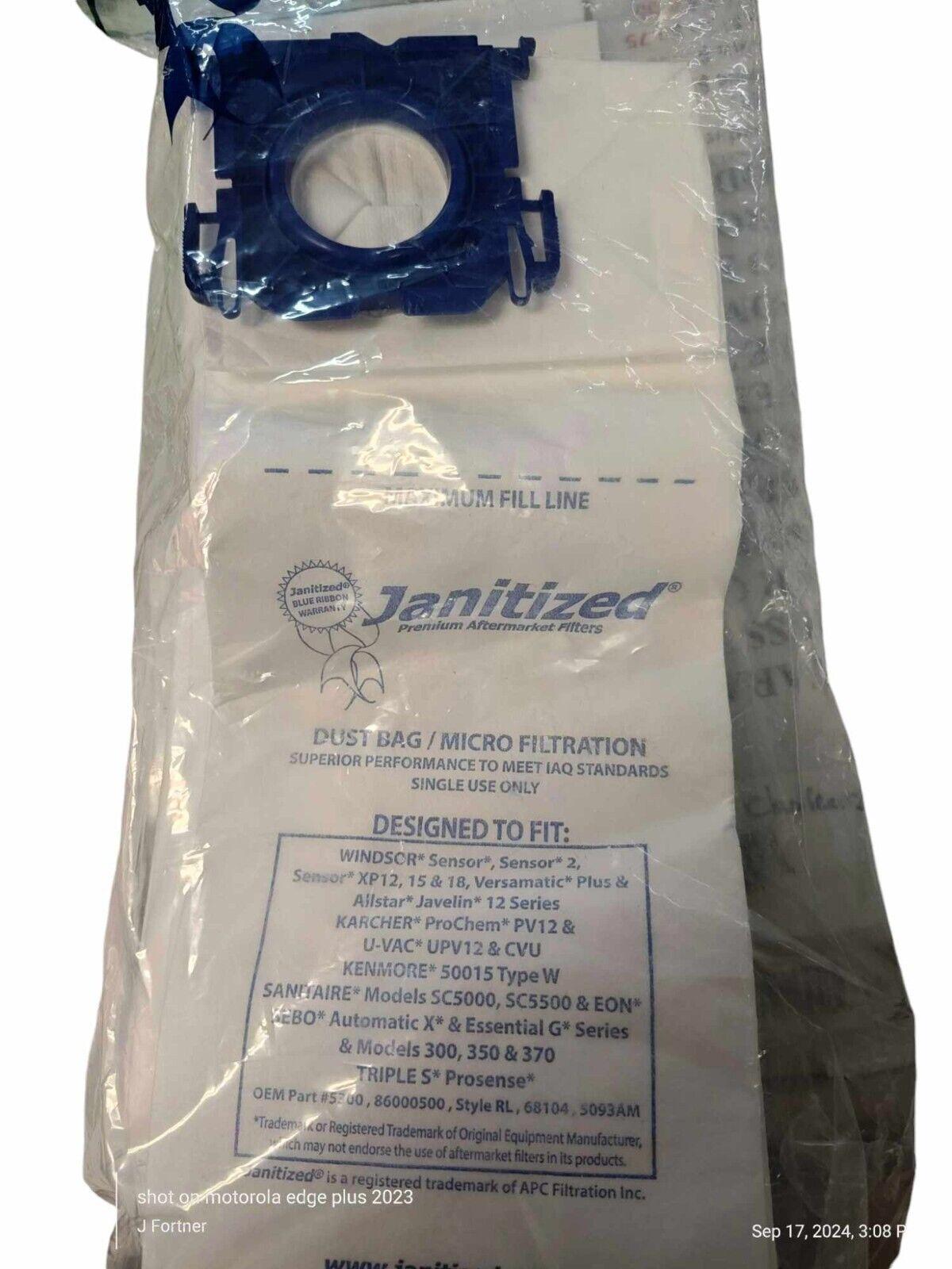 Janitized dust bag for micro filtration, designed for various vacuum models, featuring a blue plastic collar.