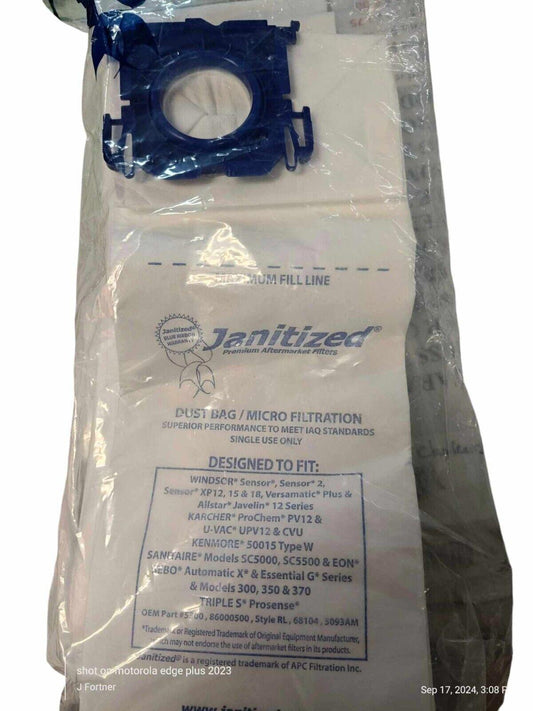 Janitized dust bag for micro filtration, designed for various vacuum models, featuring a blue plastic collar.