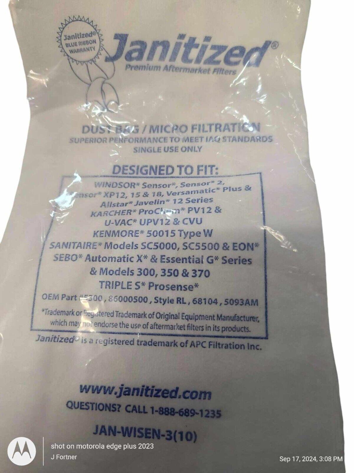 Janitized dust and micro filtration bag designed for various vacuum models, featuring a clear plastic design.