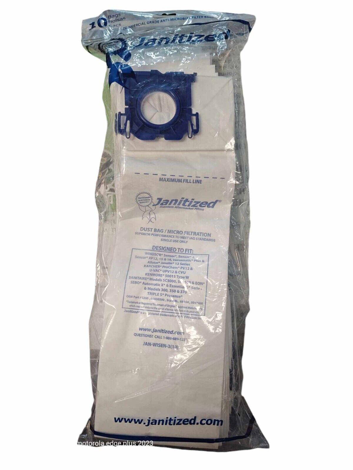 Janitized vacuum bags in a sealed package, designed for efficient dirt collection.