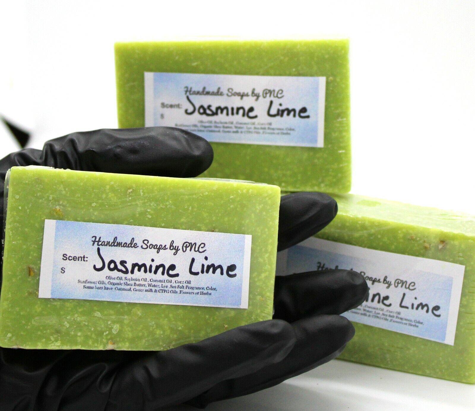 Jasmine Lime soap bars with a vibrant green color and handmade label.