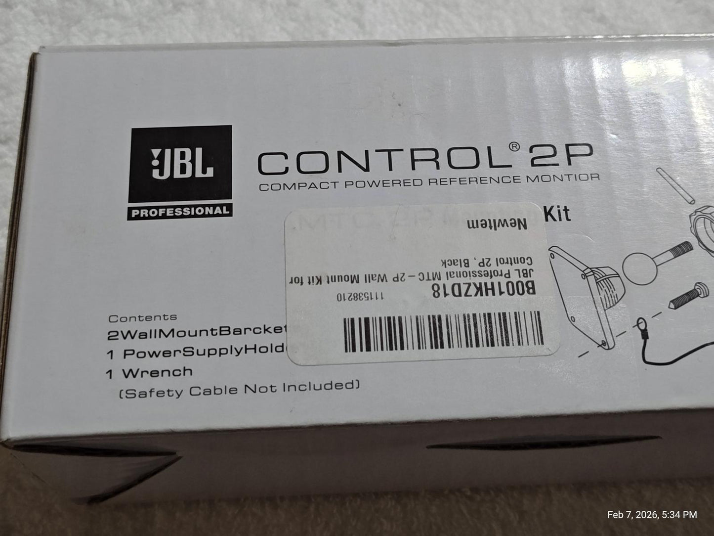 JBL Control 2P compact powered reference monitor kit with wall mount bracket and power supply.