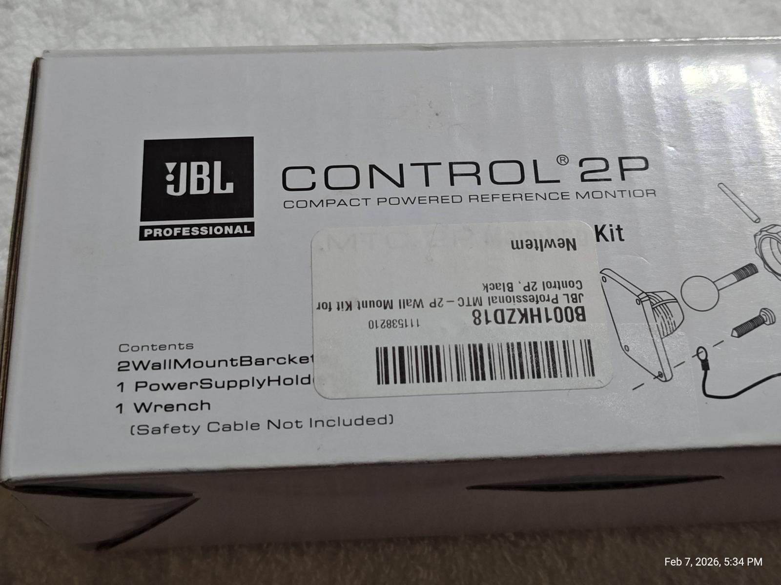 JBL Control 2P compact powered reference monitor kit with wall mount bracket and power supply.