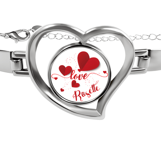 Personalized Name Heart Bangle Bracelet | Custom Name Love Charm in Open Heart | Silver