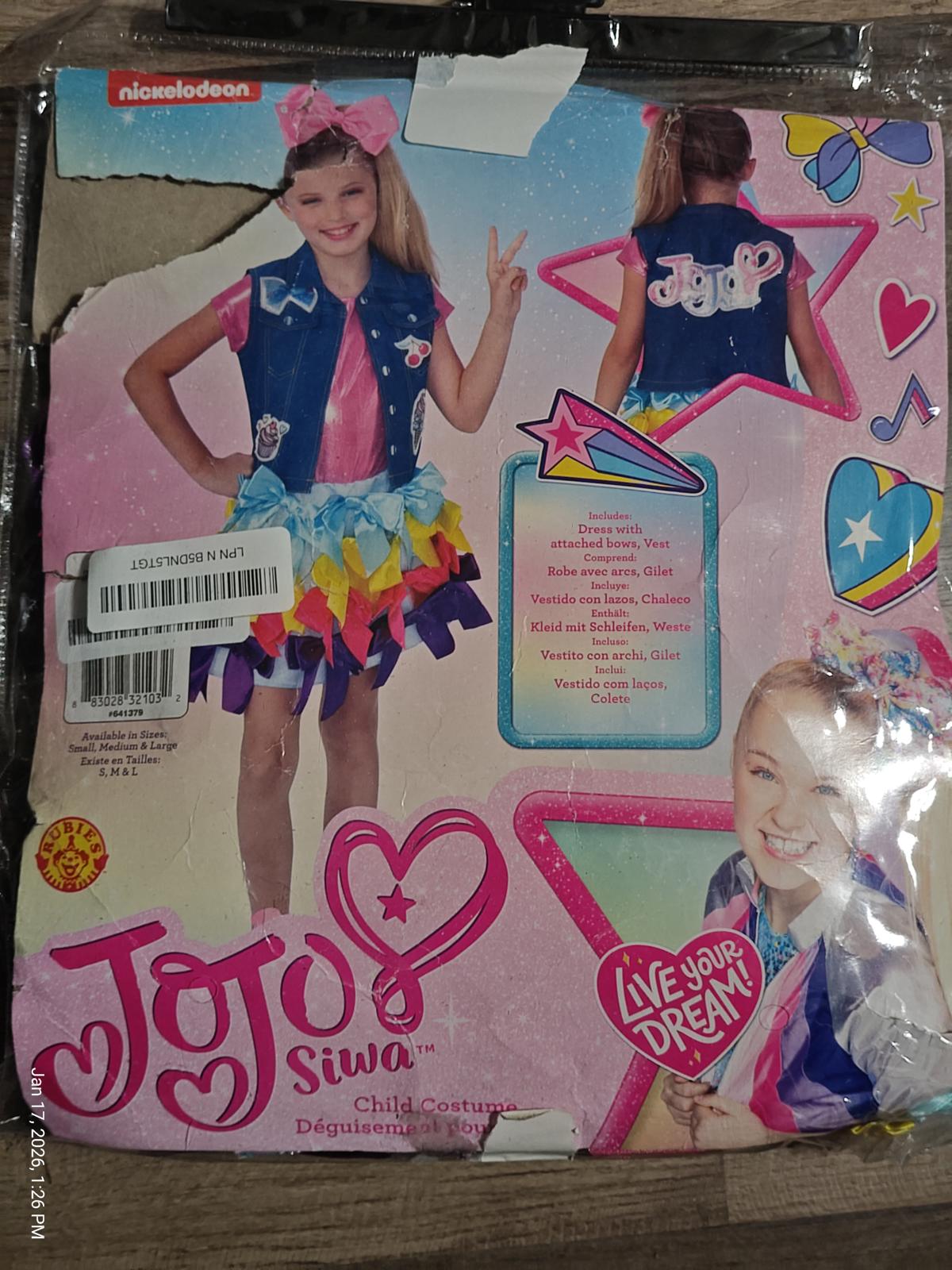 JoJo Siwa child costume featuring a colorful tutu and denim vest with patches.