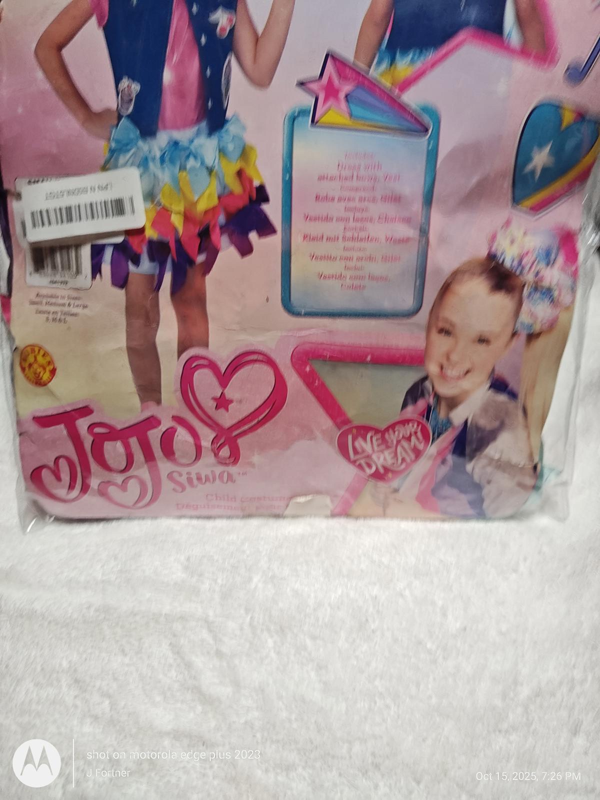 JoJo Siwa costume featuring colorful skirt and accessories, perfect for dress-up.