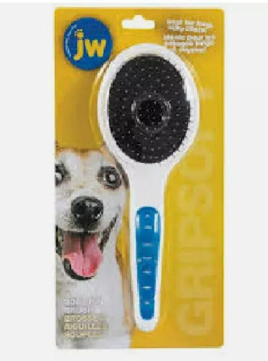 JW Gripsoft dog brush with a black bristle head and blue handle, ideal for grooming pets.