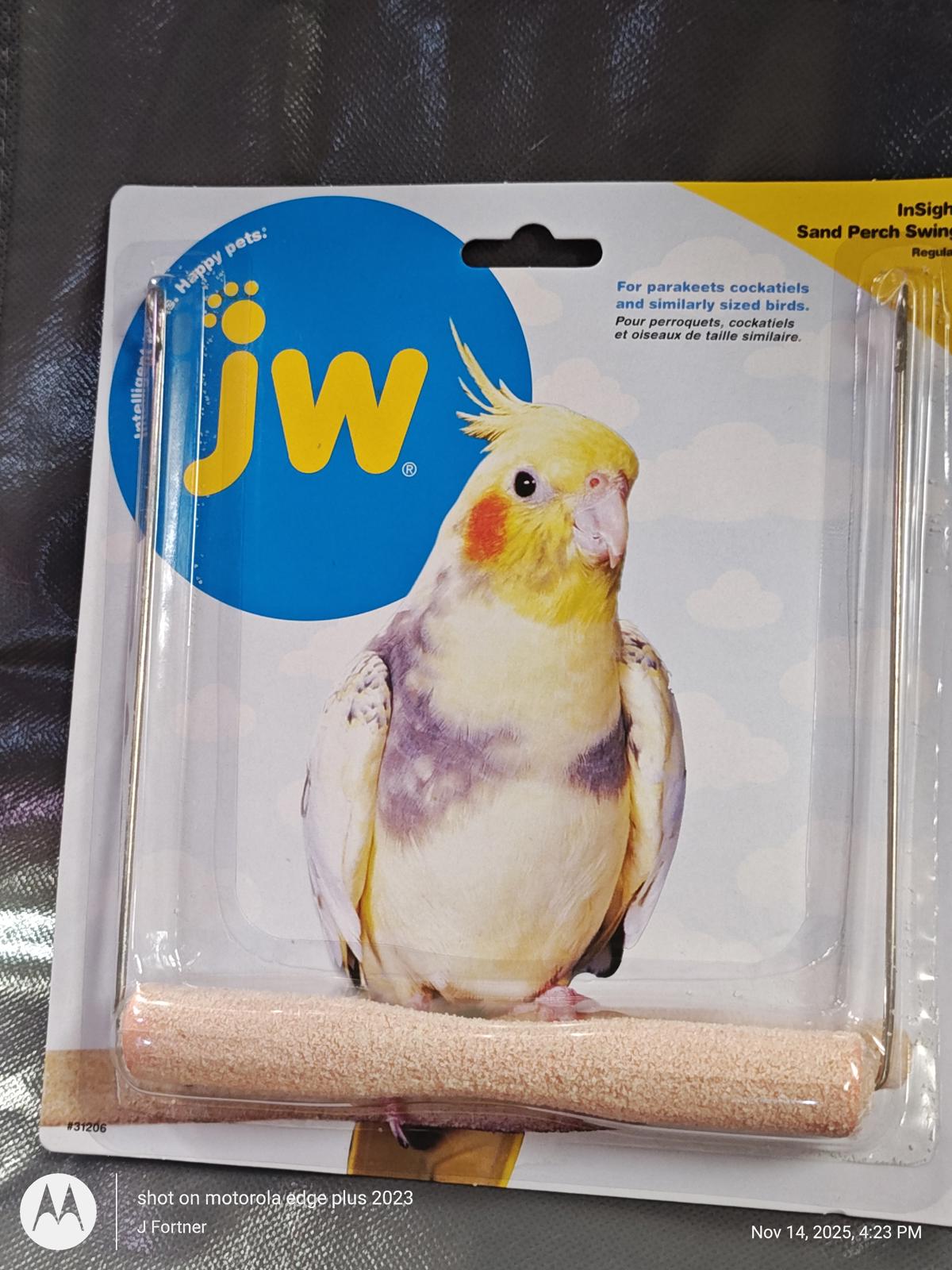 JW Sand Perch for birds featuring a colorful cockatiel on the packaging.