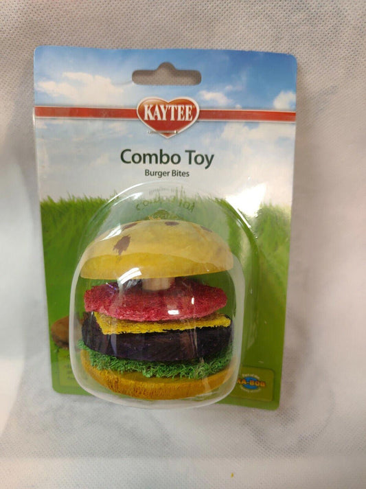 Kaytee Combo Toy features a colorful burger design with layers of yellow, red, and purple materials.