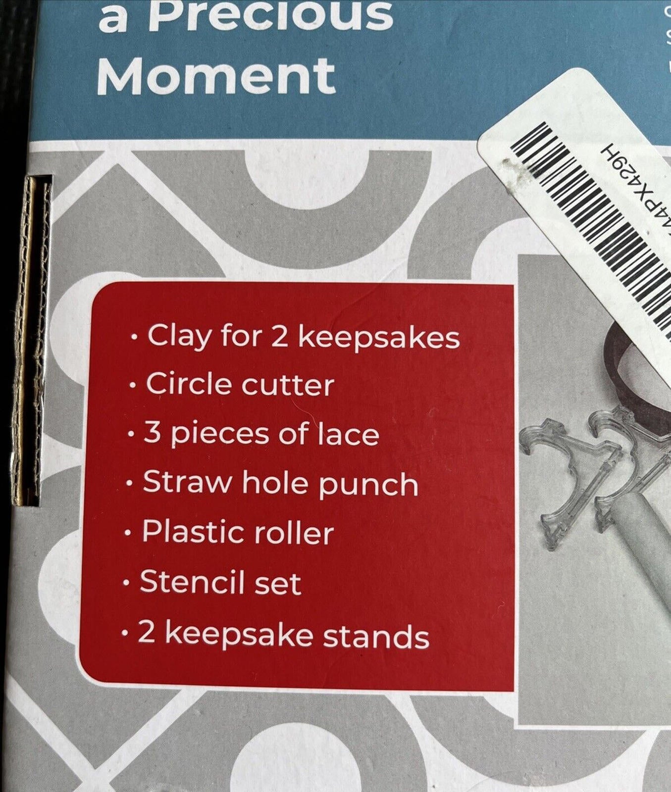 Keepsake Moment kit includes clay for 2 keepsakes, circle cutter, and stencil set.