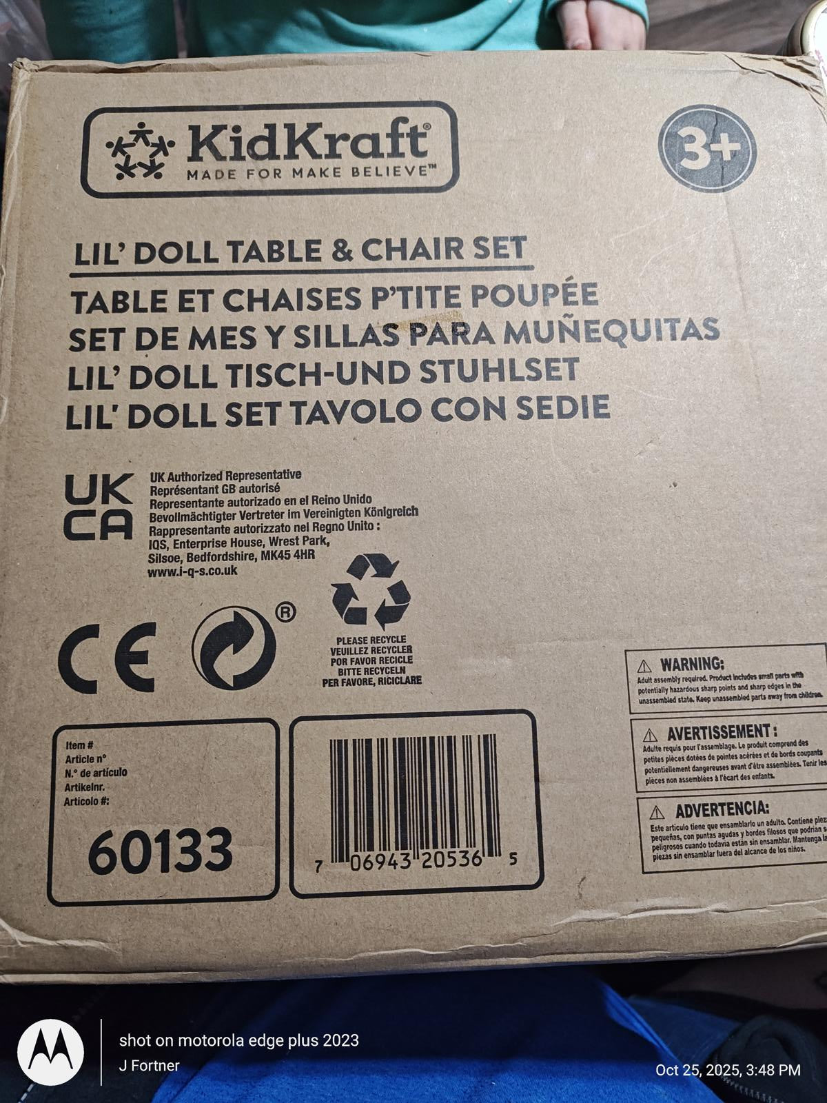 KidKraft Lil' Doll Table & Chair Set packaging showing product details and age recommendation.
