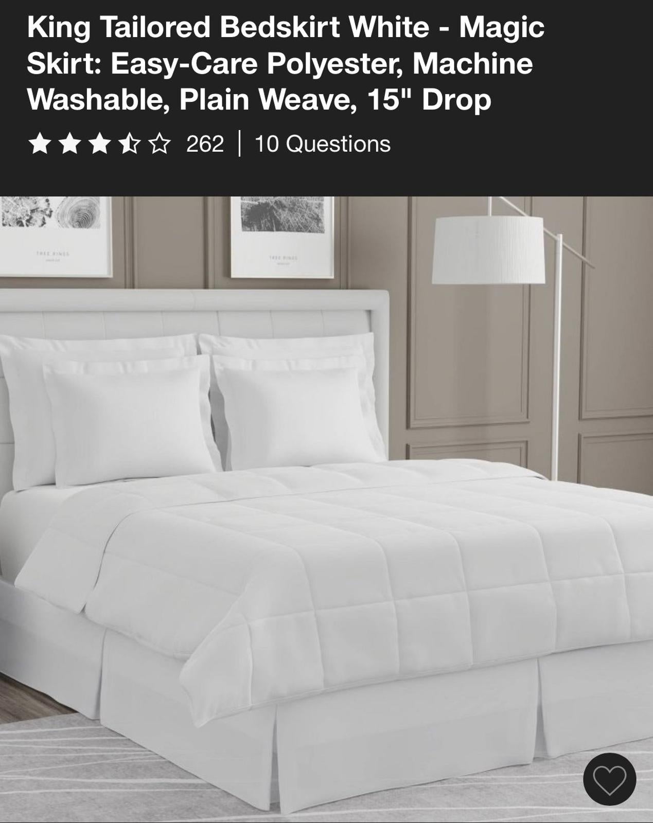 King Tailored Bedskirt White - Magic Skirt features easy-care polyester, machine washable, and a 15-inch drop.