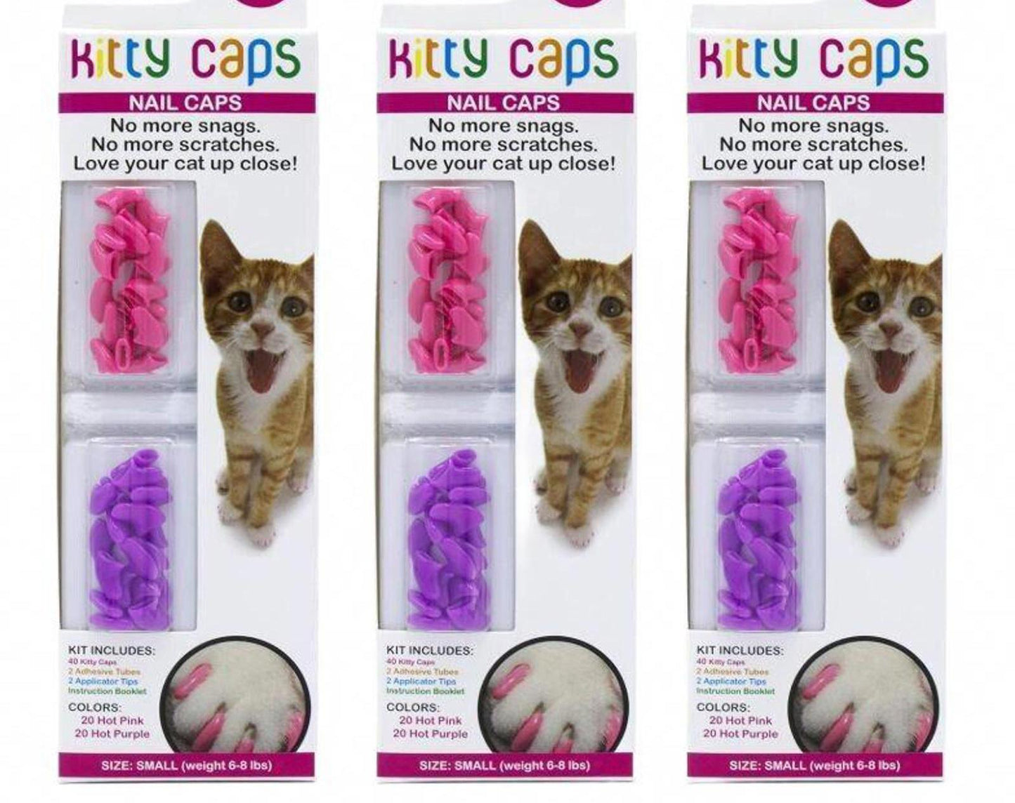 Kitty Caps nail caps in pink and purple colors for cats, preventing scratches and snags.