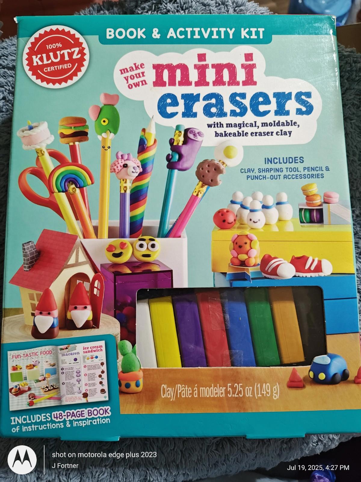 Klutz Make Your Own Mini Erasers kit with colorful clay and accessories for crafting.