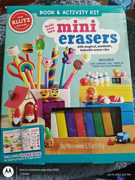 Klutz Make Your Own Mini Erasers kit with colorful clay and accessories for crafting.