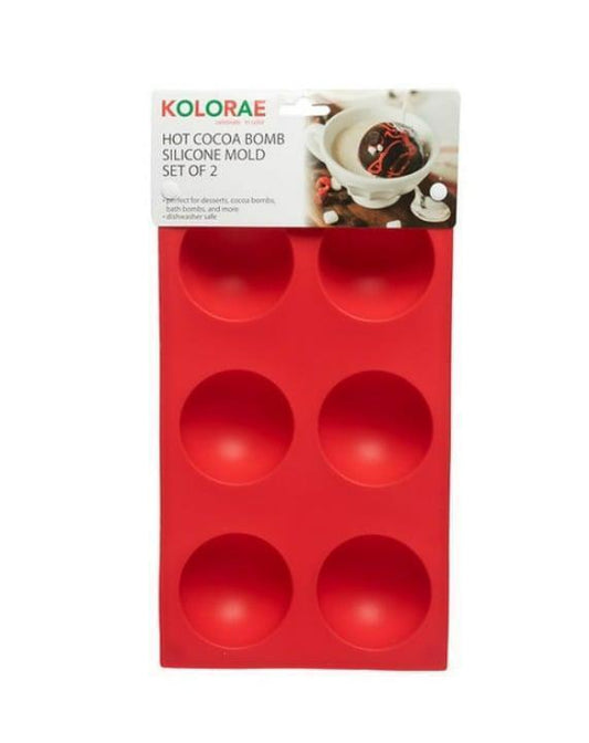 Kolorae hot cocoa bomb silicone mold set of 2 in red, featuring six round cavities for making cocoa bombs.