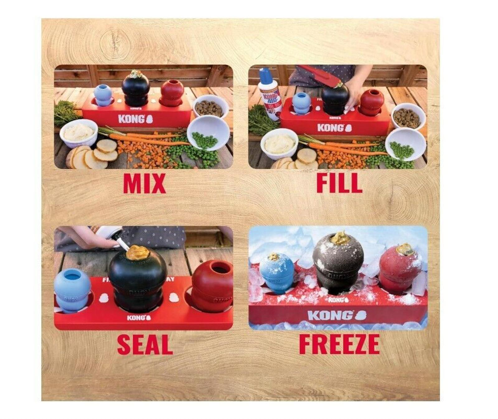 KONG dog toy preparation steps showing mix, fill, seal, and freeze process for pet treats.