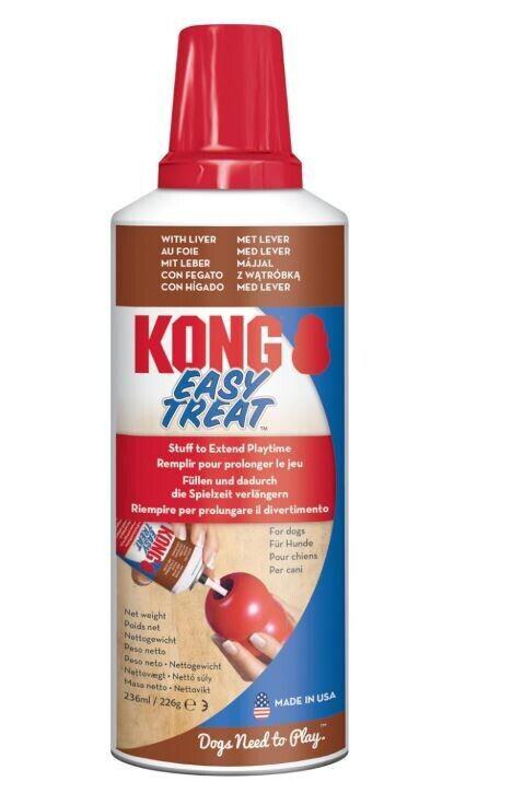 KONG Easy Treat with liver flavor in a spray can, ideal for stuffing toys and rewarding dogs.