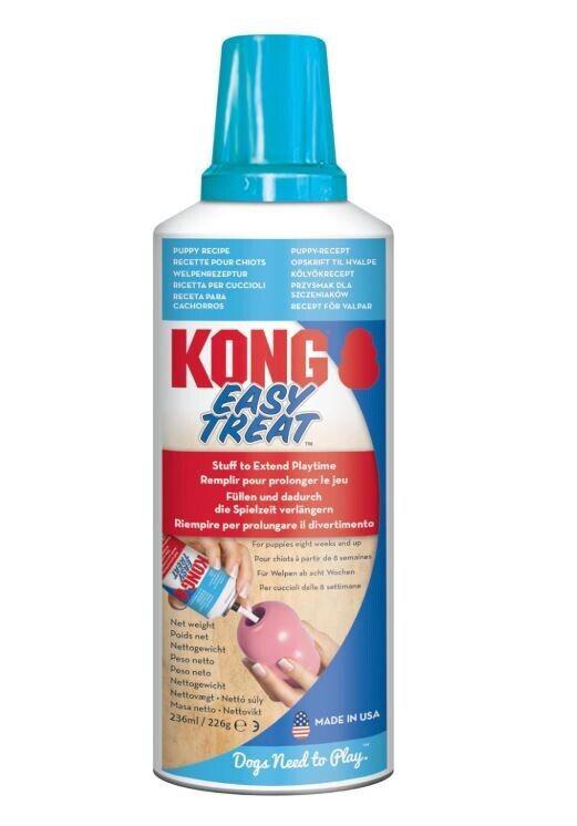 KONG Easy Treat spray for dogs, designed for filling KONG toys, with a blue cap and red label.