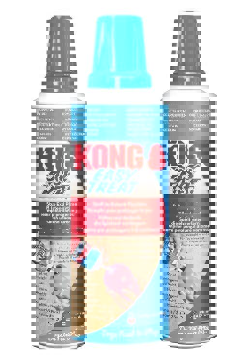 KONG Easy Treat spray for dogs, designed for filling KONG toys, with a blue cap and red label.