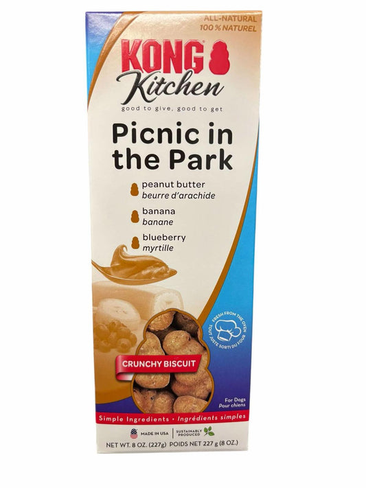 KONG Kitchen Picnic in the Park crunchy biscuits with peanut butter, banana, and blueberry flavors.