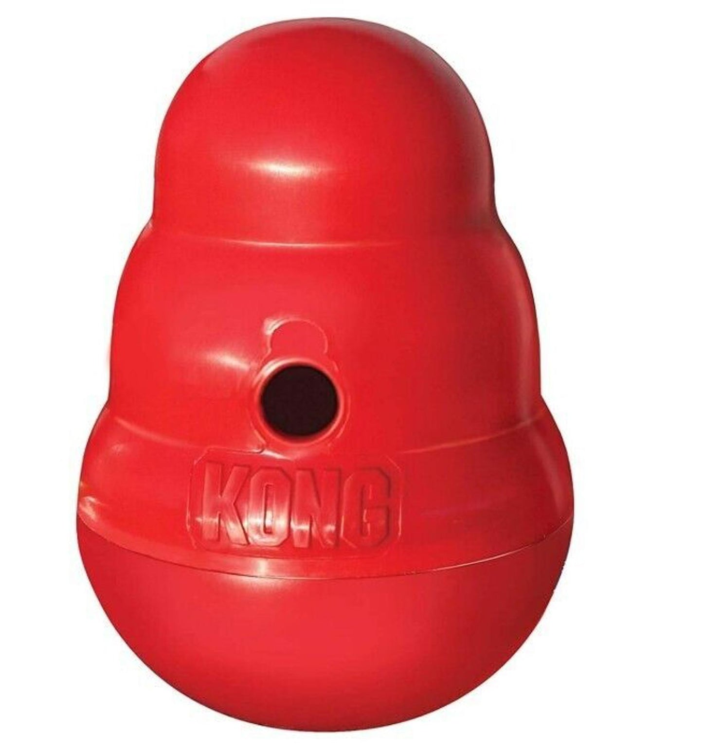 KONG Wobbler dog toy in red color, designed for interactive play and treats.