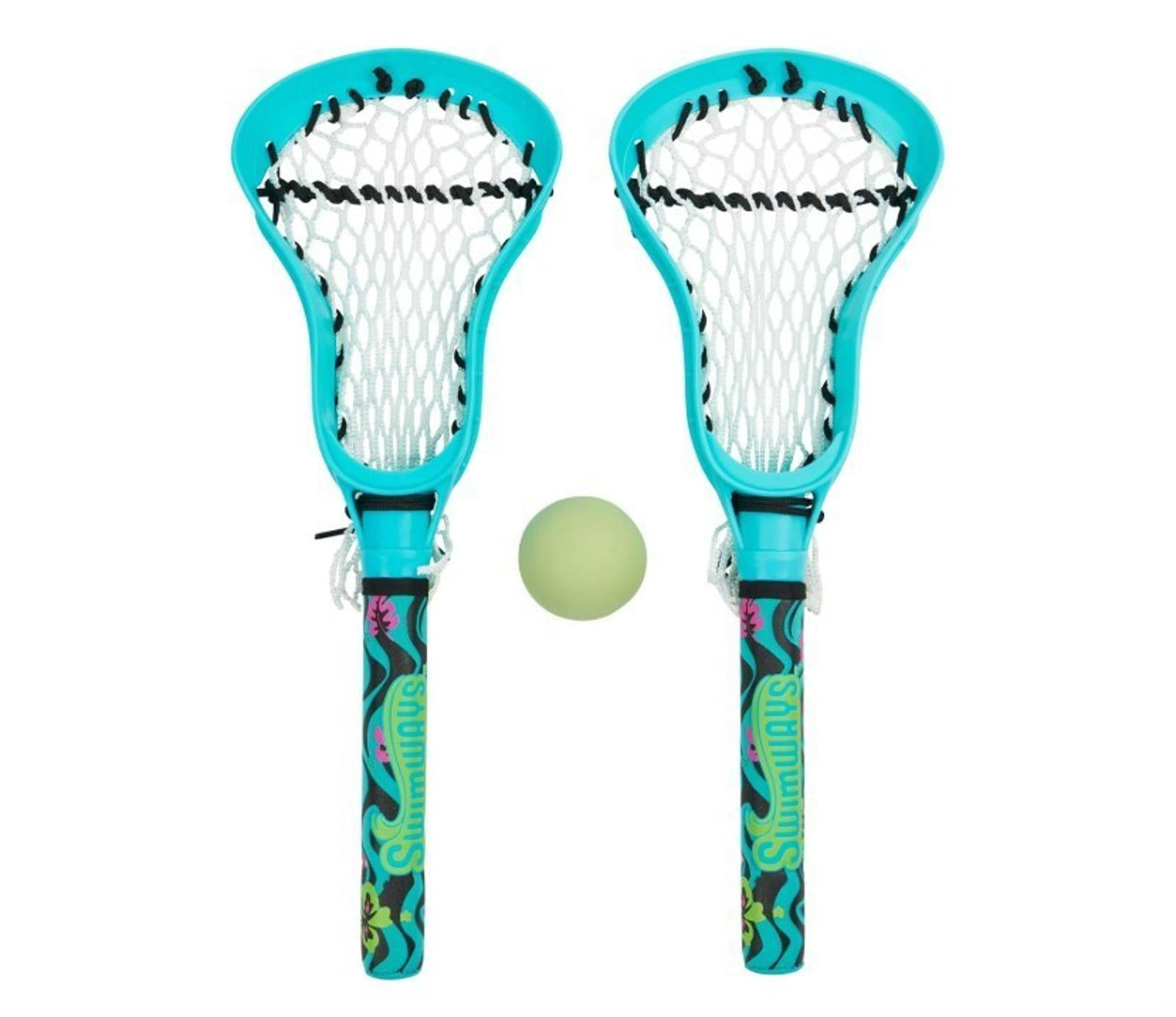 Lacrosse set featuring two turquoise sticks with colorful designs and a green ball.