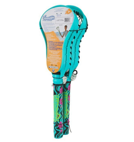 Lacrosse stick in vibrant turquoise with colorful grip and detailed design.