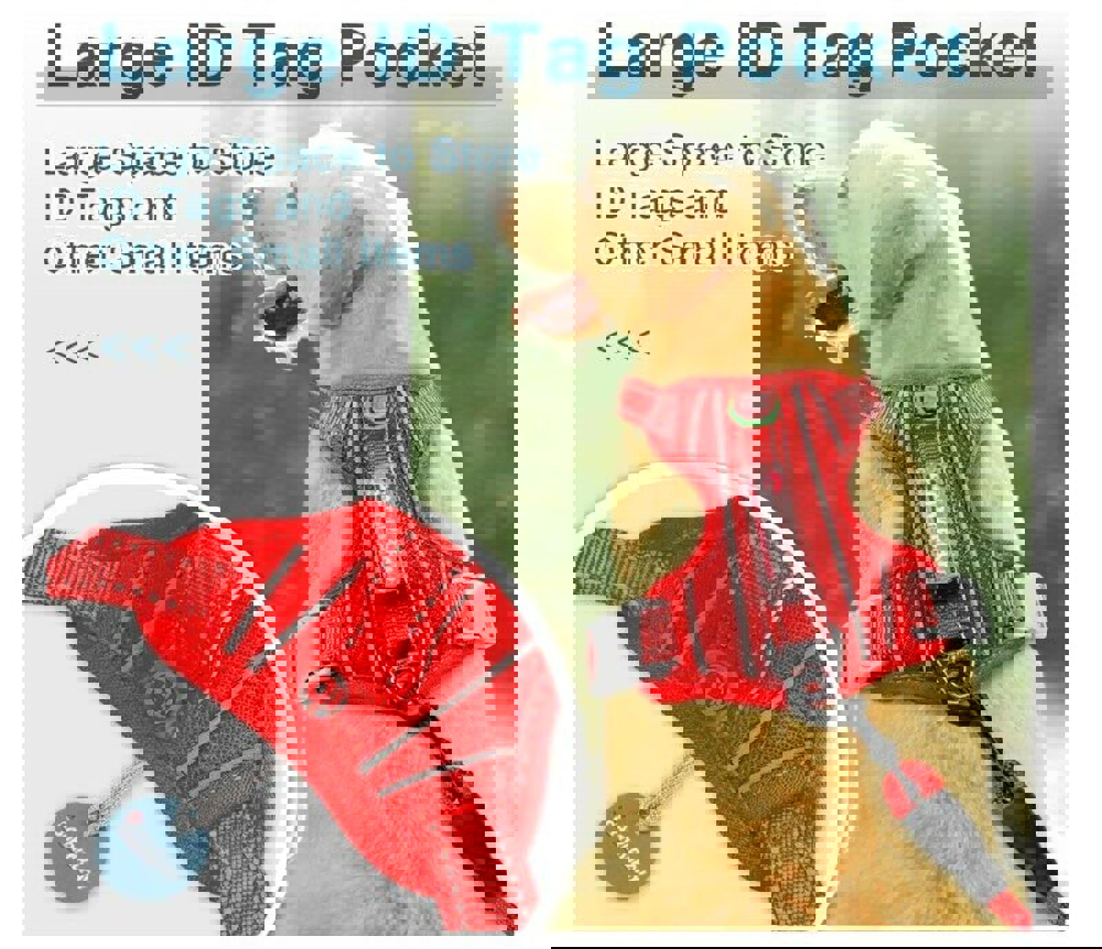 Large ID Tag Pocket harness in red, designed for storing ID tags and small items securely.