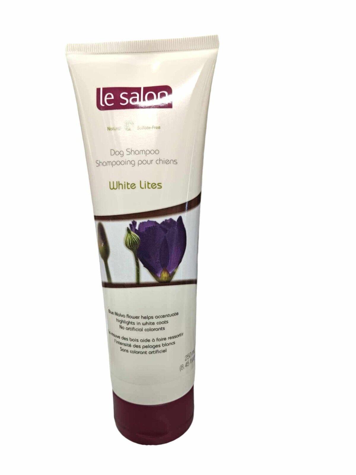 Le Salon dog shampoo for white coats, featuring a floral design on the packaging.