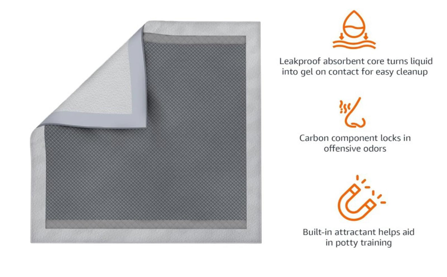 Leakproof absorbent dog training pad with carbon component for odor control.