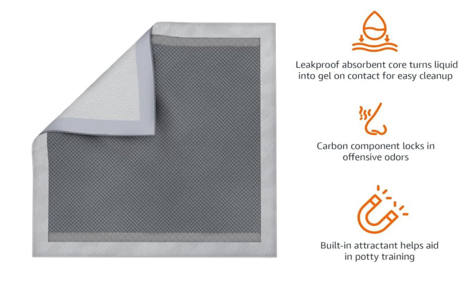 Leakproof absorbent dog training pad with carbon component for odor control.