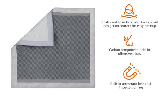 Leakproof absorbent dog training pad with carbon component for odor control.