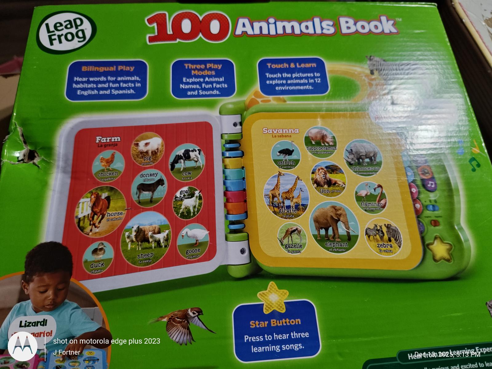Leap Frog 100 Animals Book featuring colorful animal images and interactive buttons for learning sounds.